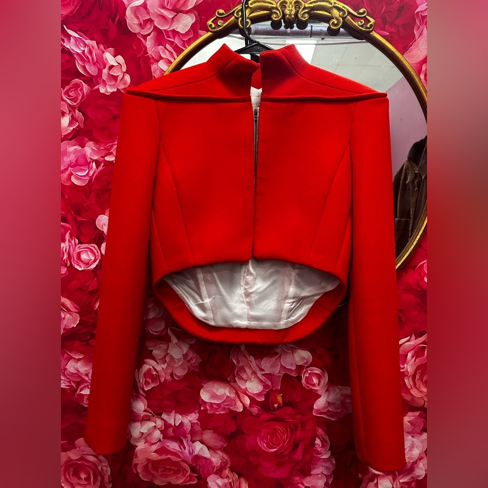 Mugler Vibrant Red Cropped Blazer with High Stand Collar
